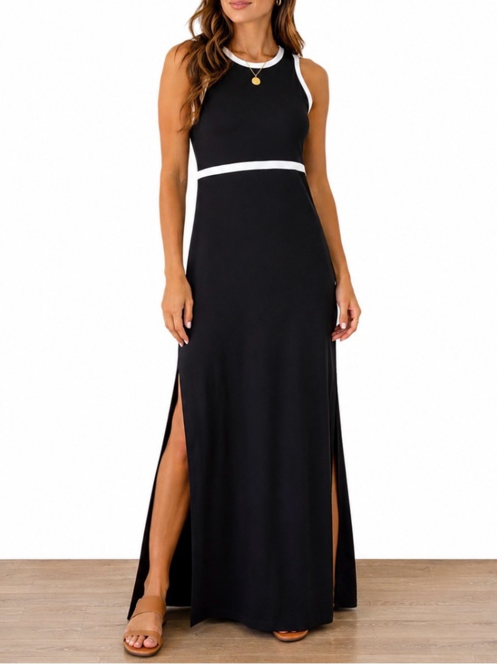 Pretty Garden Sleeveless Black Maxi Dress with White Trim form fitting SZ SM